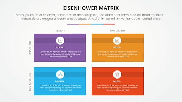 Eisenhower-Matrix-Vorlage Infografik-Konzept für Folienpräsentation mit rechteckiger Schachtel mit Kreis-Abzeichen mit 4-Punkte-Liste mit flachem Stil-Vektor