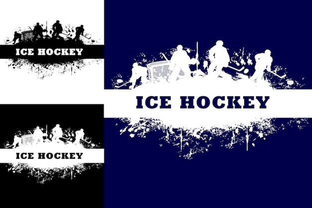 Eishockeysport-grunge-plakate mit hockeyspielern. eishockey-meisterschaft, turnier oder wettkampfspiel grunge-vektor-hintergrund oder hintergrund mit stürmern, torwartspielern und farbspritzern