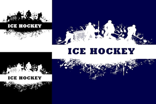 Eishockeysport-Grunge-Plakate mit Hockeyspielern. Eishockey-Meisterschaft, Turnier oder Wettkampfspiel Grunge-Vektor-Hintergrund oder Hintergrund mit Stürmern, Torwartspielern und Farbspritzern