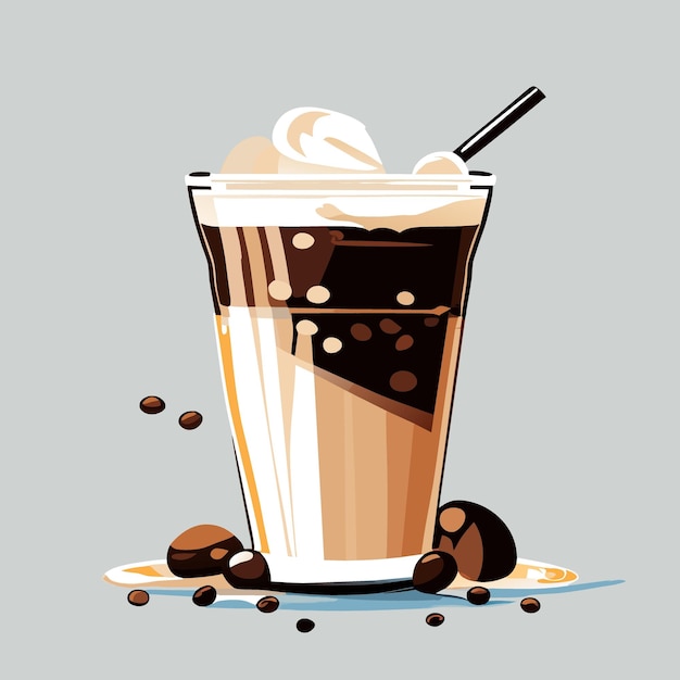 Eiskaffee mit kaffeebohnen-vektorillustration flach