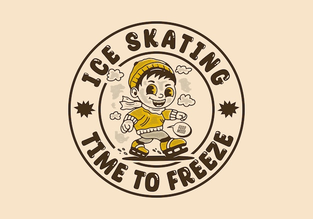 Eislaufen zeit zum einfrieren maskottchen-charakterillustration eines kleinen jungen, der schlittschuh spielt