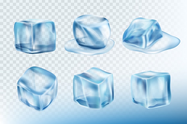 Eiswürfel realistisch. Pfützenflecken und Spritzer von Frostwasser-Bildersammlung