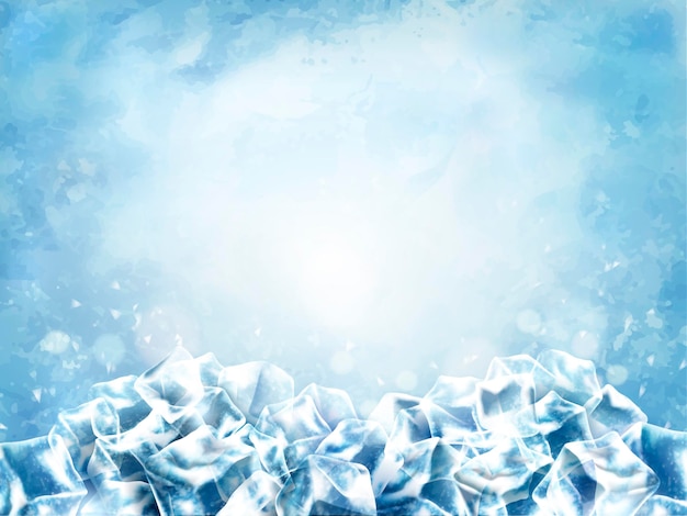 Eiswürfeloberfläche, abstrakte Würfel und Schnee in hellblauem Hintergrund, 3D-Darstellung