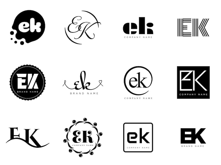 Vektor ek-logo-unternehmensvorlage buchstaben e und k logotyp setze verschiedene klassische serif-buchstaben und modernen fettgedruckten text mit design-elementen anfängliche schriftart typographie