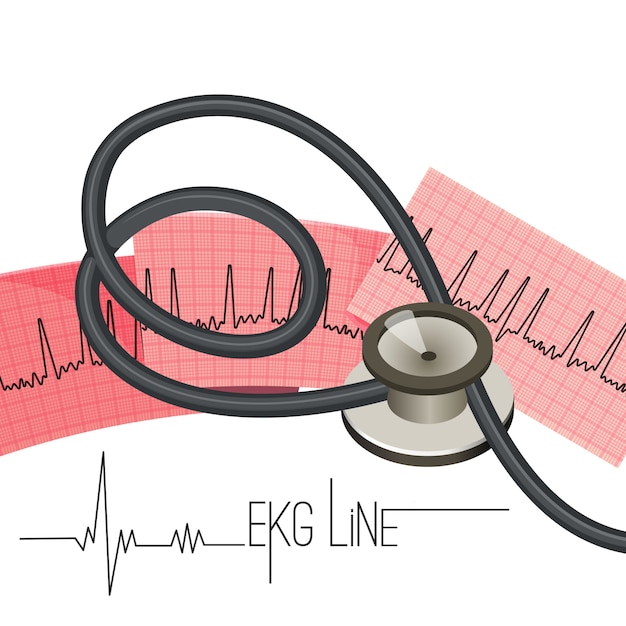 Vektor ekg-linie auf langem papierblatt und medizinischem stethoskop.