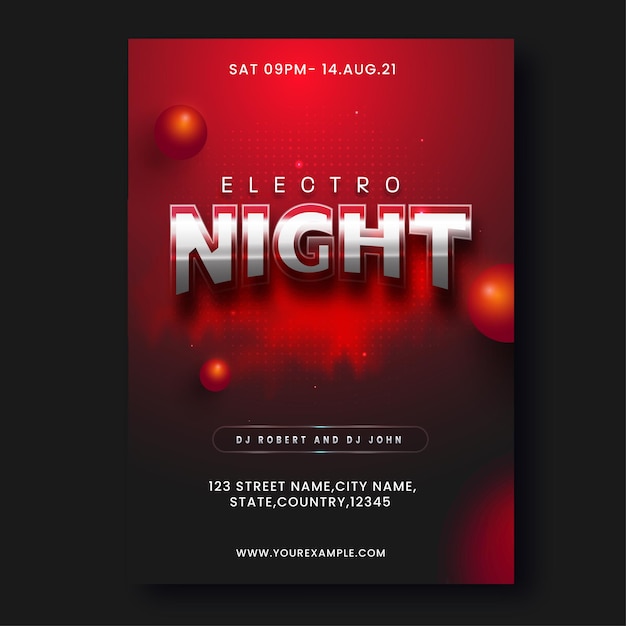 Electro night party flyer design mit 3d-kugeln in roter und schwarzer farbe.