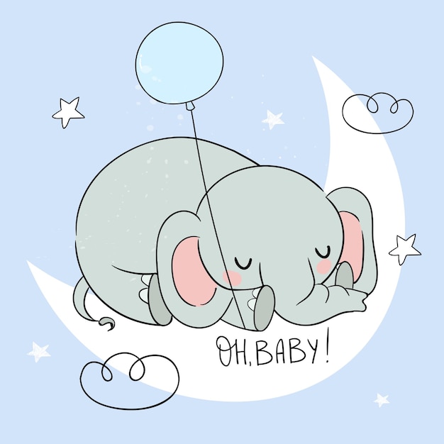 Vektor elefant schlafen. süßer kleiner elefant auf dem mond. süße traumillustration für baby.