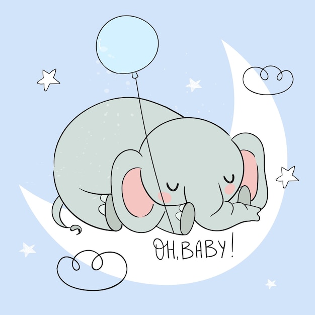 Elefant schlafen. Süßer kleiner Elefant auf dem Mond. Süße Traumillustration für Baby.