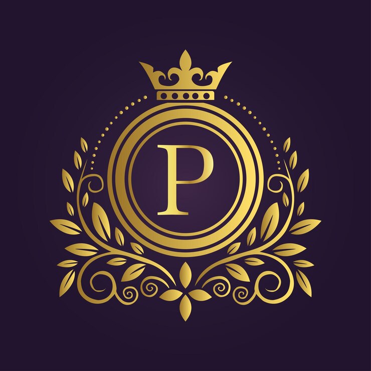 Vektor elegant gold buchstabe p mit laurel kranz und krone auf deep purple hintergrund für ein regal