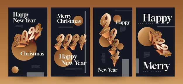 Elegant Happy New Year 2024 Poster-Set mit 3D-Zahlen geeignet für Karten-Banner-Poster-Flyer-Cover und Social-Media-Post-Vorlage