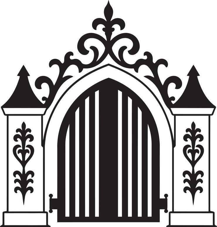 Elegant Leafy Gateway Kirchentor mit Schriftrollen und Blättern in schwarzem Logo Design Schriftrollwerk Heiligtum