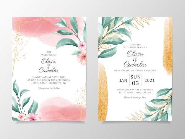 Elegante aquarellhochzeitseinladungs-kartenschablone stellte mit blumendekoration und goldfunkeln ein.