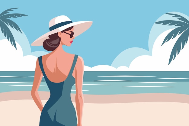 Elegante Frau in Kleid und Hut am Strand Sommerurlaubskonzept Reiseillustration
