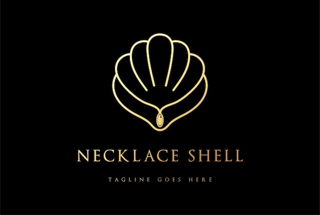 Elegante Golden Pearl Shell Scallop Oyster Seashell mit Halskette für Schmuck Boutique Store Logo Design Vector