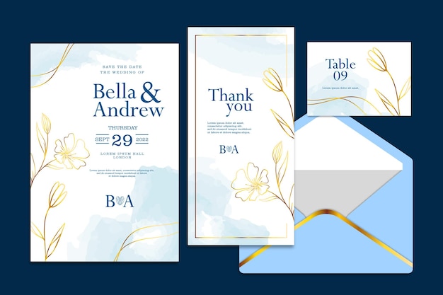 ELEGANTE HANDGEZEICHNETE HOCHZEITSEINLADUNG MIT BLUMENBLAUEM OCEAN