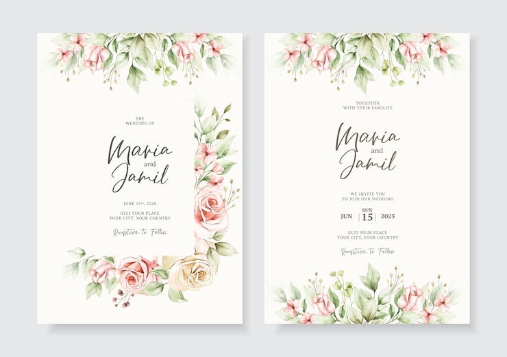 Vektor elegante hochzeits-einladungskarten-vorlage mit aquarell-blumendekoration
