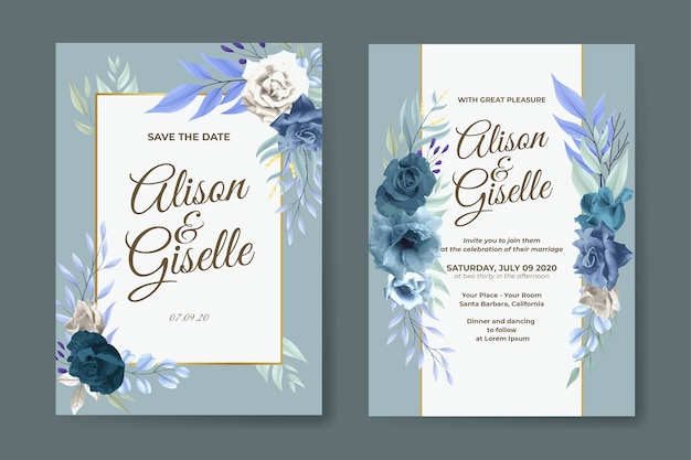 Elegante hochzeitseinladung mit blauem blumenaquarell