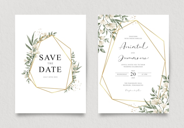 Elegante Hochzeitseinladung mit goldenen geometrischen und aquarellfarbenen Blumen