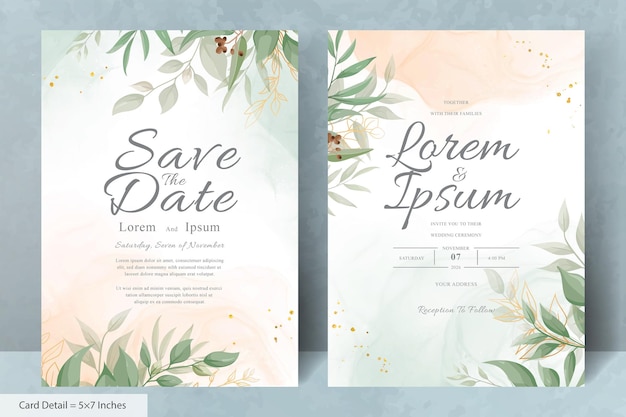 Elegante Hochzeitseinladungskarte mit Aquarell und grünen Blättern