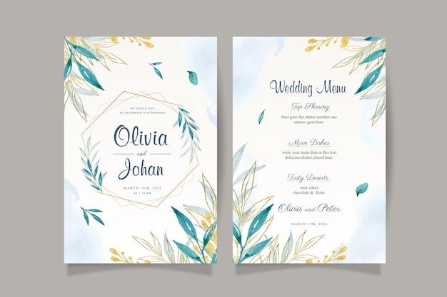 Elegante Hochzeitseinladungskarte mit Aquarellblättern und Gold