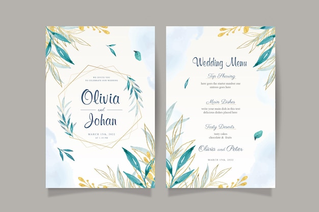 Elegante hochzeitseinladungskarte mit aquarellblättern und gold