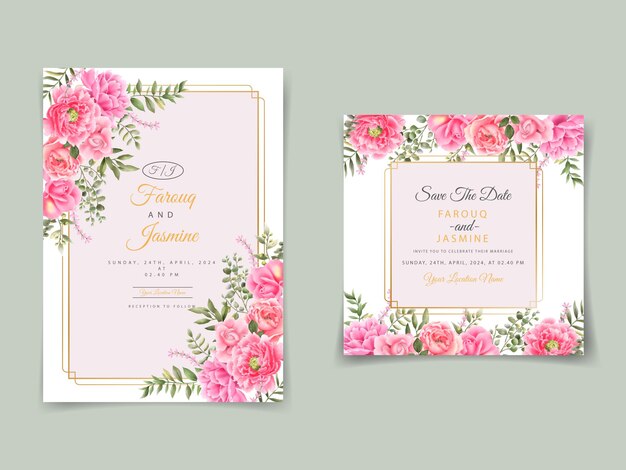 Elegante hochzeitseinladungskarte mit rosa rose und pfingstrose