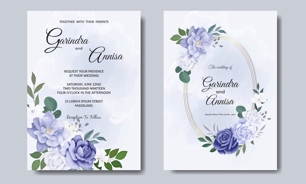 Elegante hochzeitseinladungskarte mit schönem blauen blumen- und blattschablonen-premium-vektor