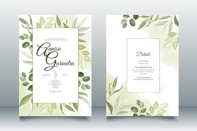 Elegante hochzeitseinladungskarte mit schöner blattvorlage premium vector