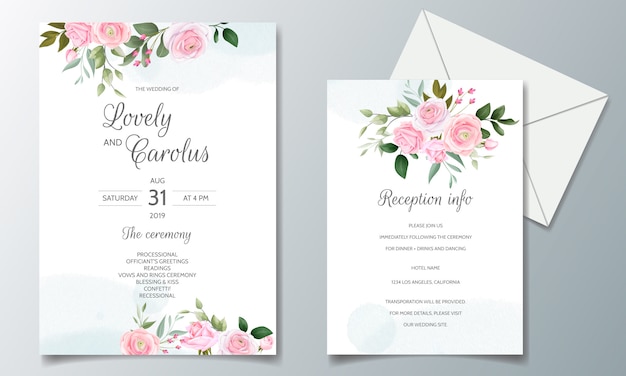 Elegante hochzeitseinladungskartenschablone gesetzt mit schönen rosa rosen und grünen blättern