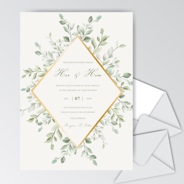 Elegante Hochzeitseinladungskartenschablone mit Aquarellblättern