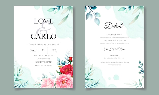 Elegante Hochzeitseinladungskartenschablone mit Aquarellblume und -blättern
