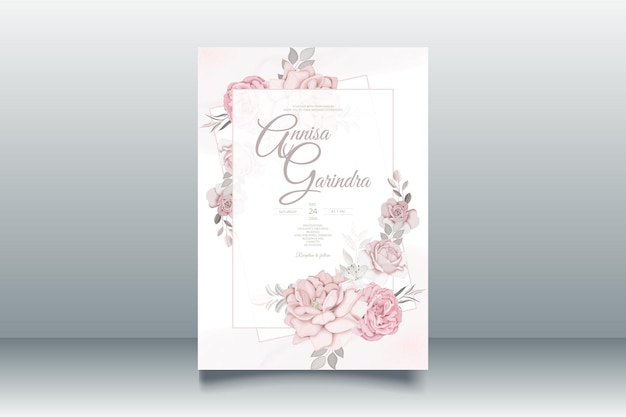 Elegante hochzeitseinladungskartenschablone mit rosa und errötenden rosen design premium-vektoren