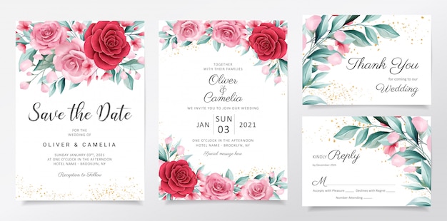 Elegante hochzeitseinladungskartenschablone stellte mit aquarellblumendekoration ein