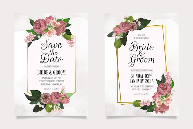 Elegante Hochzeitseinladungsschablone gesetzt mit Aquarellblumen und goldenem Rahmen