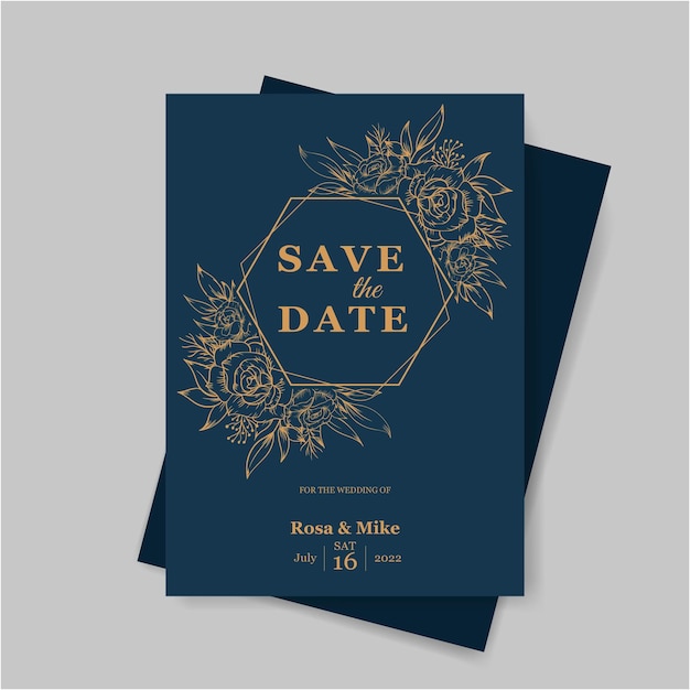 Elegante Hochzeitseinladungsvorlage mit handgezeichneter Strichzeichnung der Goldblume