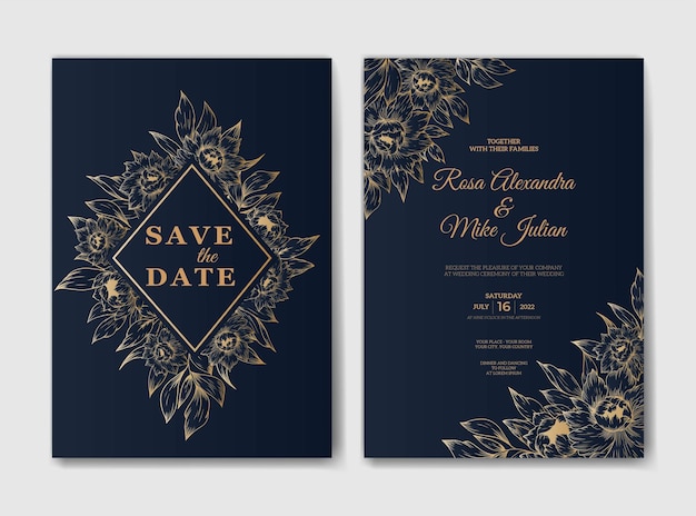 elegante hochzeitseinladungsvorlage mit umrissblumendekoration