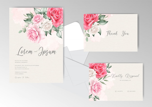 Elegante hochzeitskarte mit aquarell-spritzhintergrund und blumen