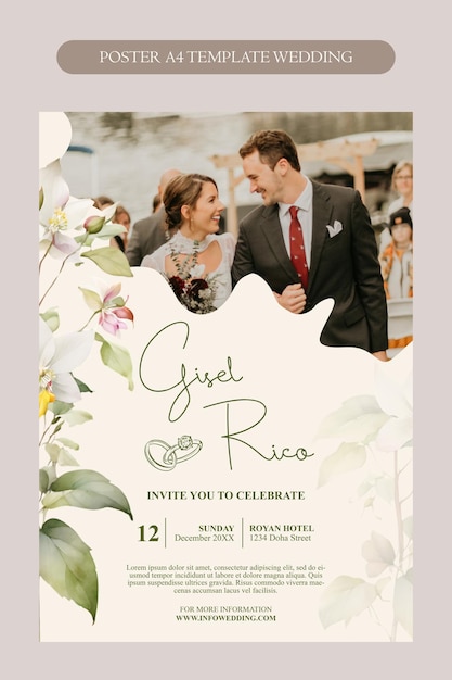 Elegante Hochzeitsplakatvorlage mit Aquarellblumen