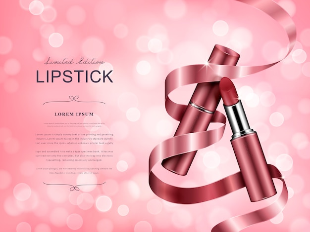 Elegante Lippenstiftanzeigen, glänzende Lippenstifte mit Bändern isolierten 3d Illustration