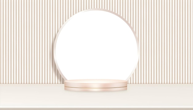 Elegante Produktvitrine mit goldenem Sockel und gestreiftem Hintergrund
