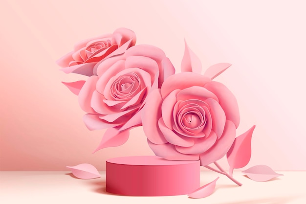 Elegante rosa Papierblumen und Bühnensäule im 3D-Stil