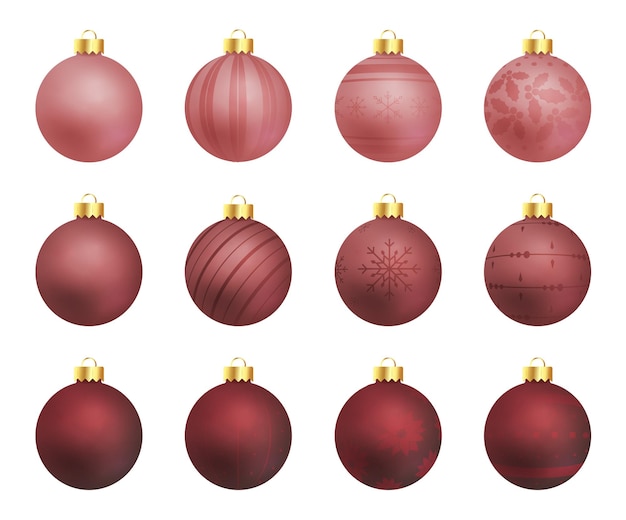 Elegante satin-weihnachtskugeln-baumschmuck-kollektion. matte rote farbtöne