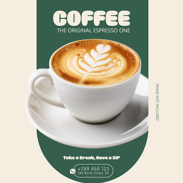 Elegante Social-Media-Vorlage für ein Café mit Latte-Kunst und grünem Hintergrund