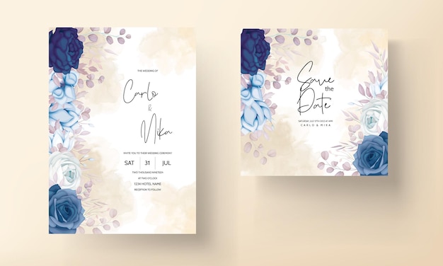 elegante vintage blaue und braune blumeneinladungskartenschablone