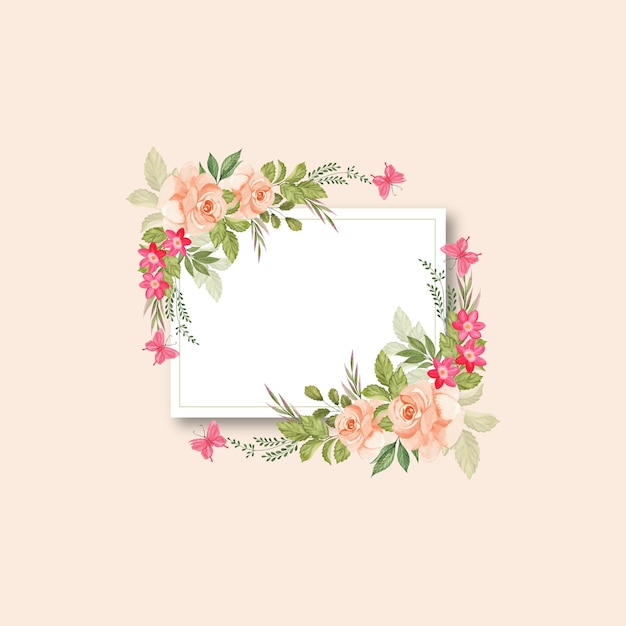 Eleganter Blumenrahmen mit Rosen, Schmetterlingen und Blättern für Einladungen und Grüße
