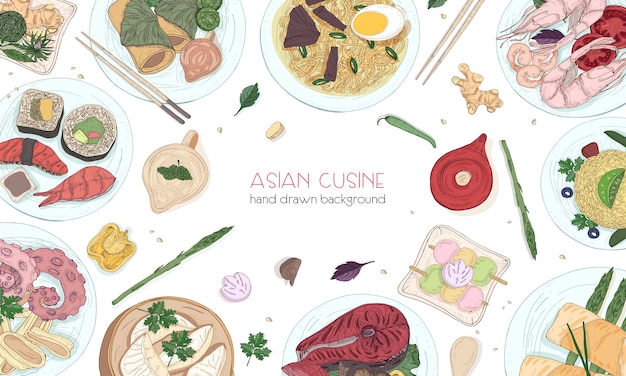 Eleganter farbiger handgezeichneter Hintergrund mit traditionellem asiatischem Essen, detaillierten leckeren Mahlzeiten und Snacks der orientalischen Küche - Woknudeln, Sashimi, Gyoza, Fisch und Fischgerichte