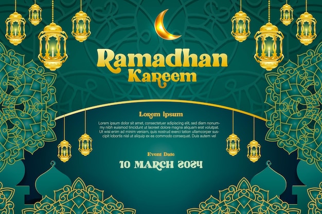 Eleganter glamour-hintergrund und poster ramadan kareem mit gradient-stil und realistischer ikone