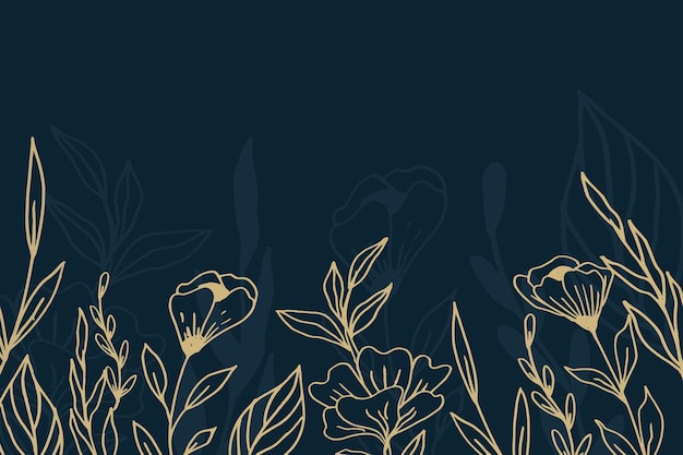 Eleganter goldener Blumenhintergrund mit handgezeichneten Blumen und Blättern Illustrationsdekoration auf Dunkelheit
