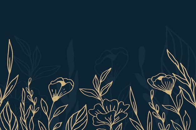 Eleganter goldener blumenhintergrund mit handgezeichneten blumen und blättern illustrationsdekoration auf dunkelheit