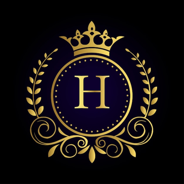 Eleganter goldener Buchstabe H mit Lorbeerkrans und Krone auf tieflila Hintergrund für ein königliches Design
